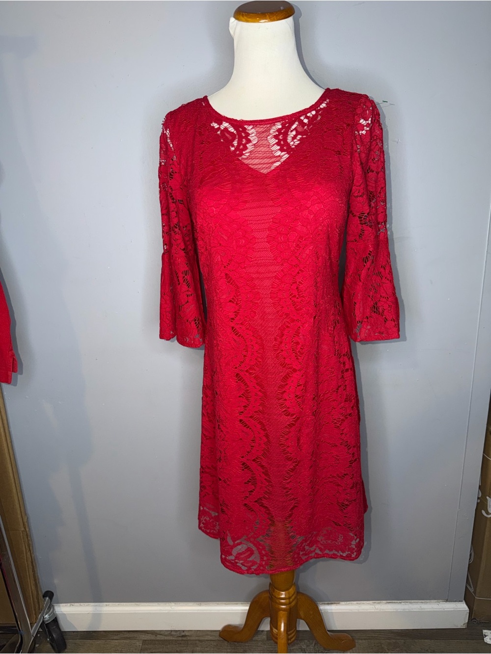 Julian Taylor Red Lace Midi Dress with 3/4 Bell Sleeves